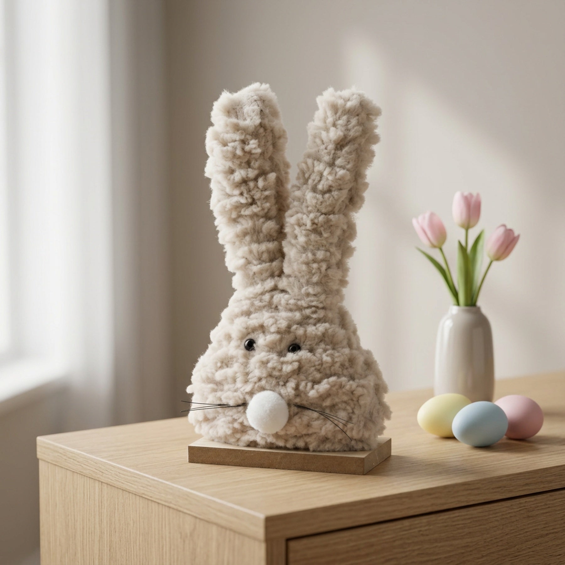 Fluffy Bunny Figurine On Wooden Base