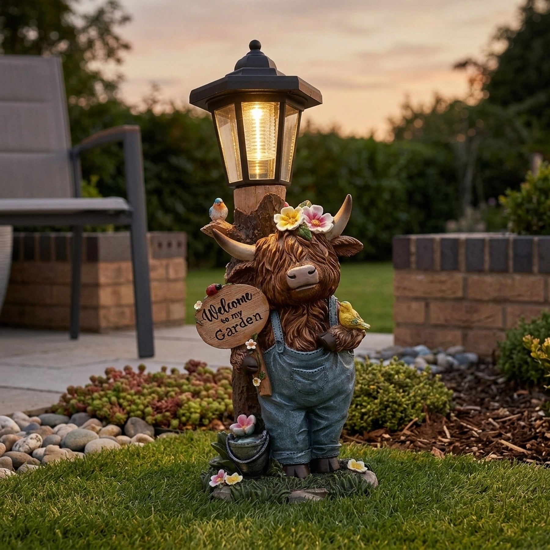Floral Standing Highland Cow Solar Lamp Post