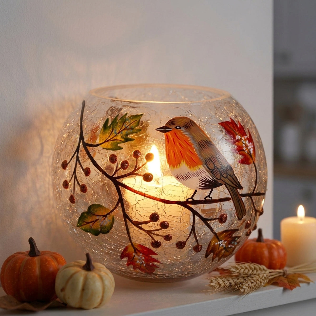 Autumn Robin Glass Votive Holder