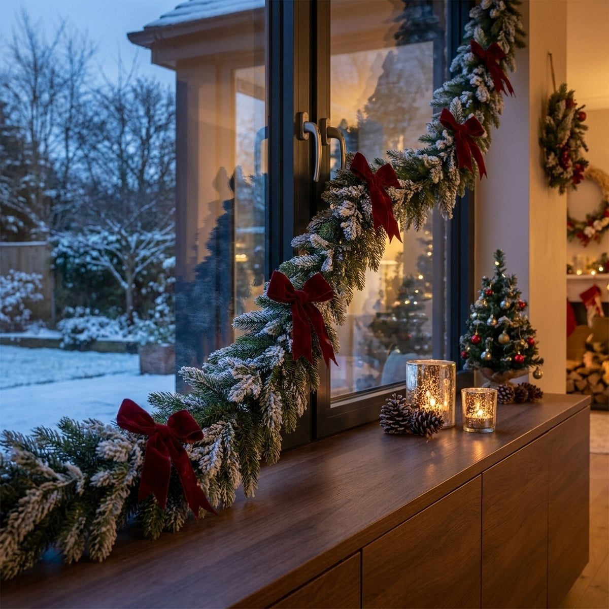 Snowy Pine Red Bow Christmas Garland