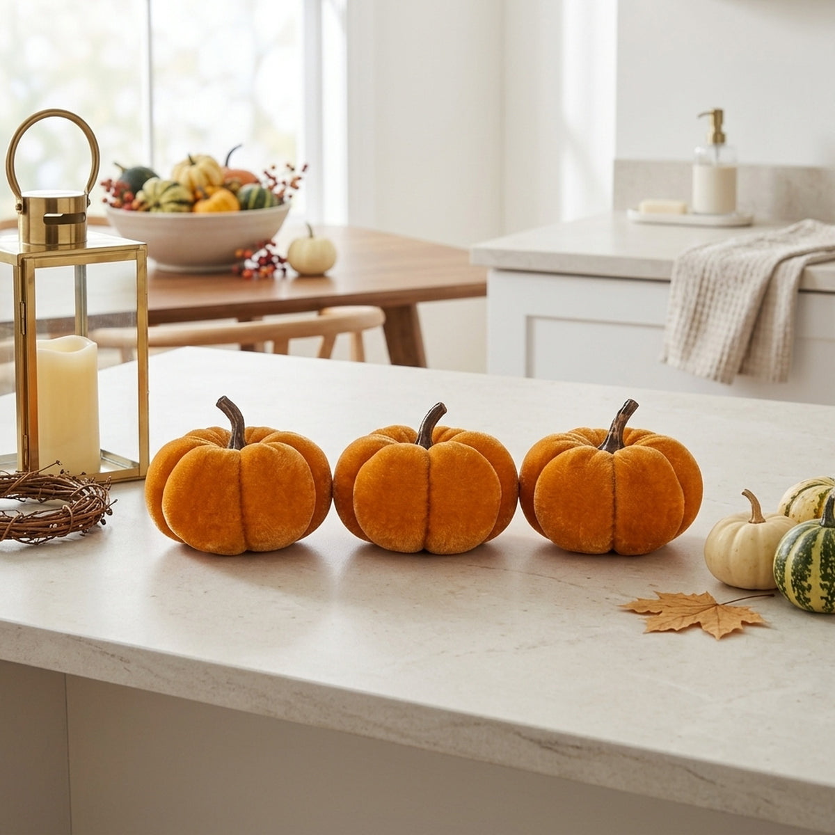 Set of Three Orange Velvet Pumpkin Ornaments