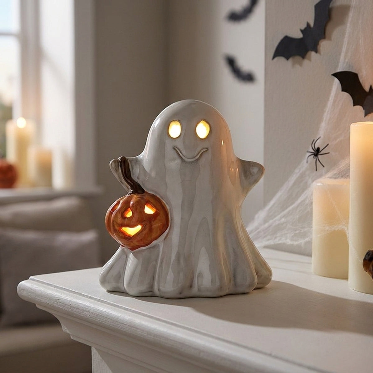 Playful Ceramic Ghost Light Up Ornament