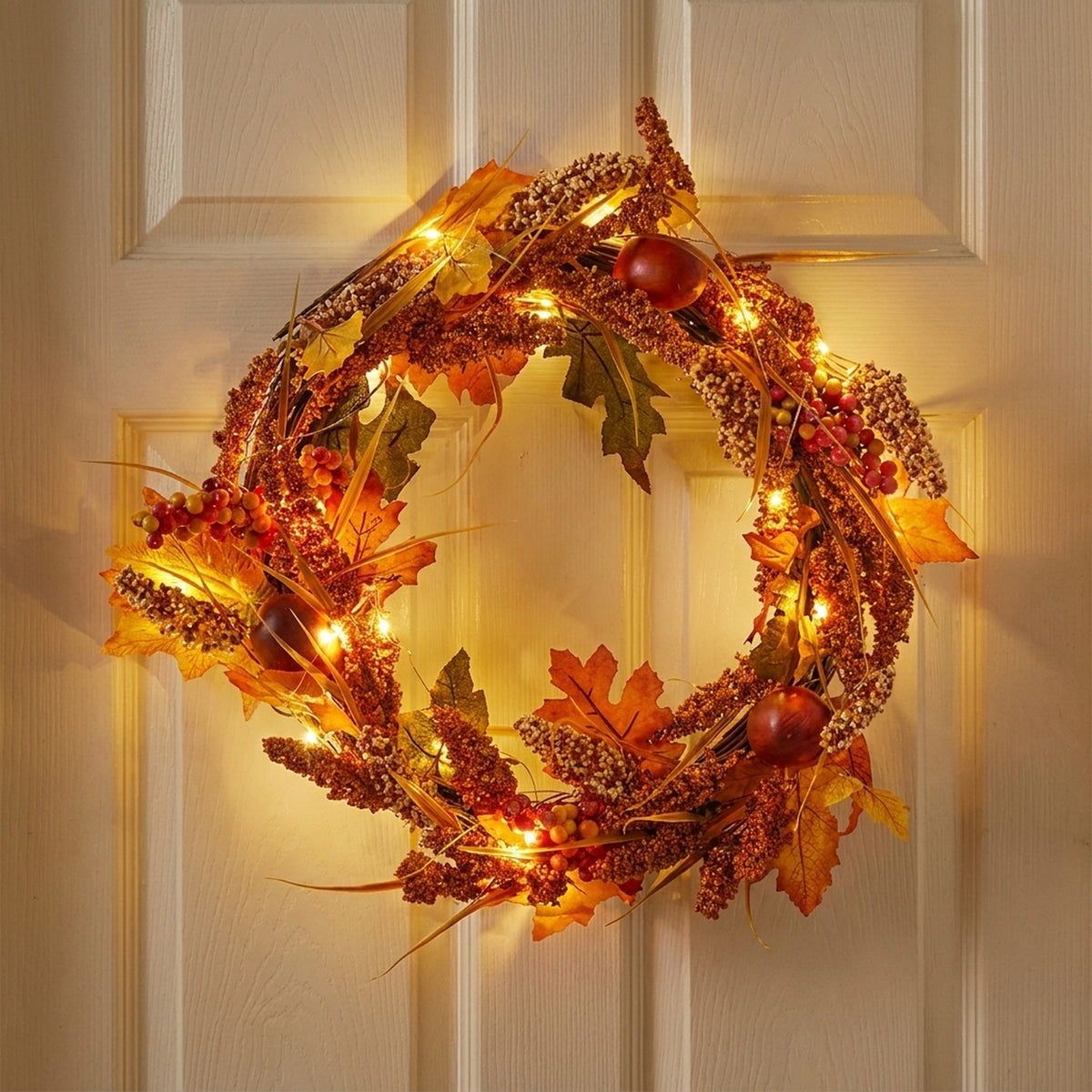 Golden Sorghum Autumnal LED Door Wreath