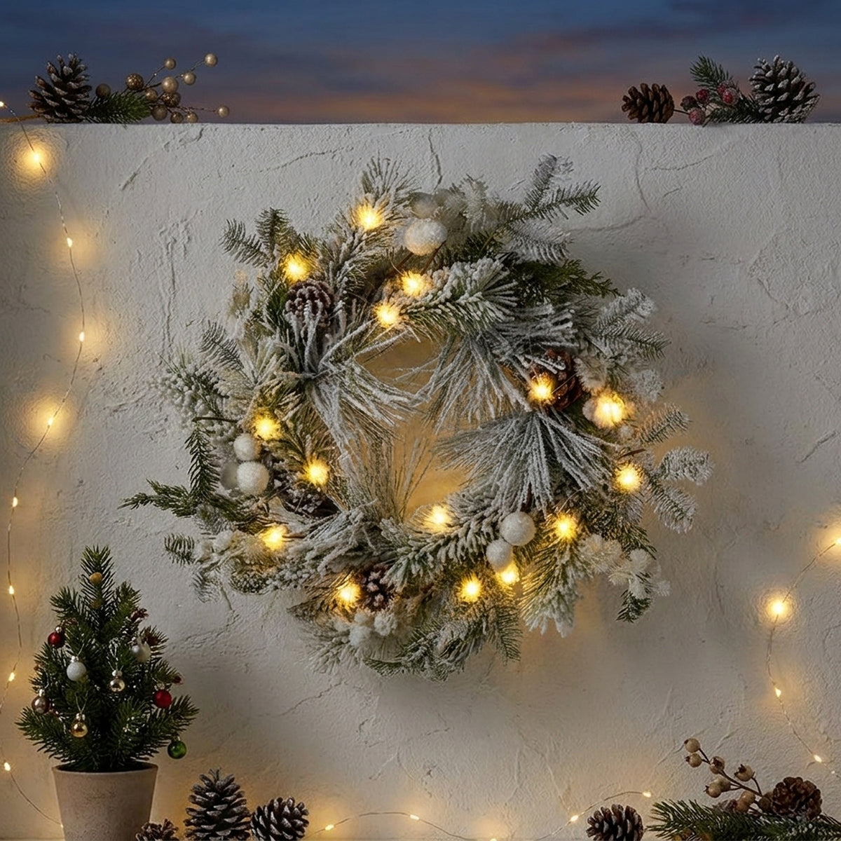 Half Rattan Led White Berry Snowy Wreath Door Accent