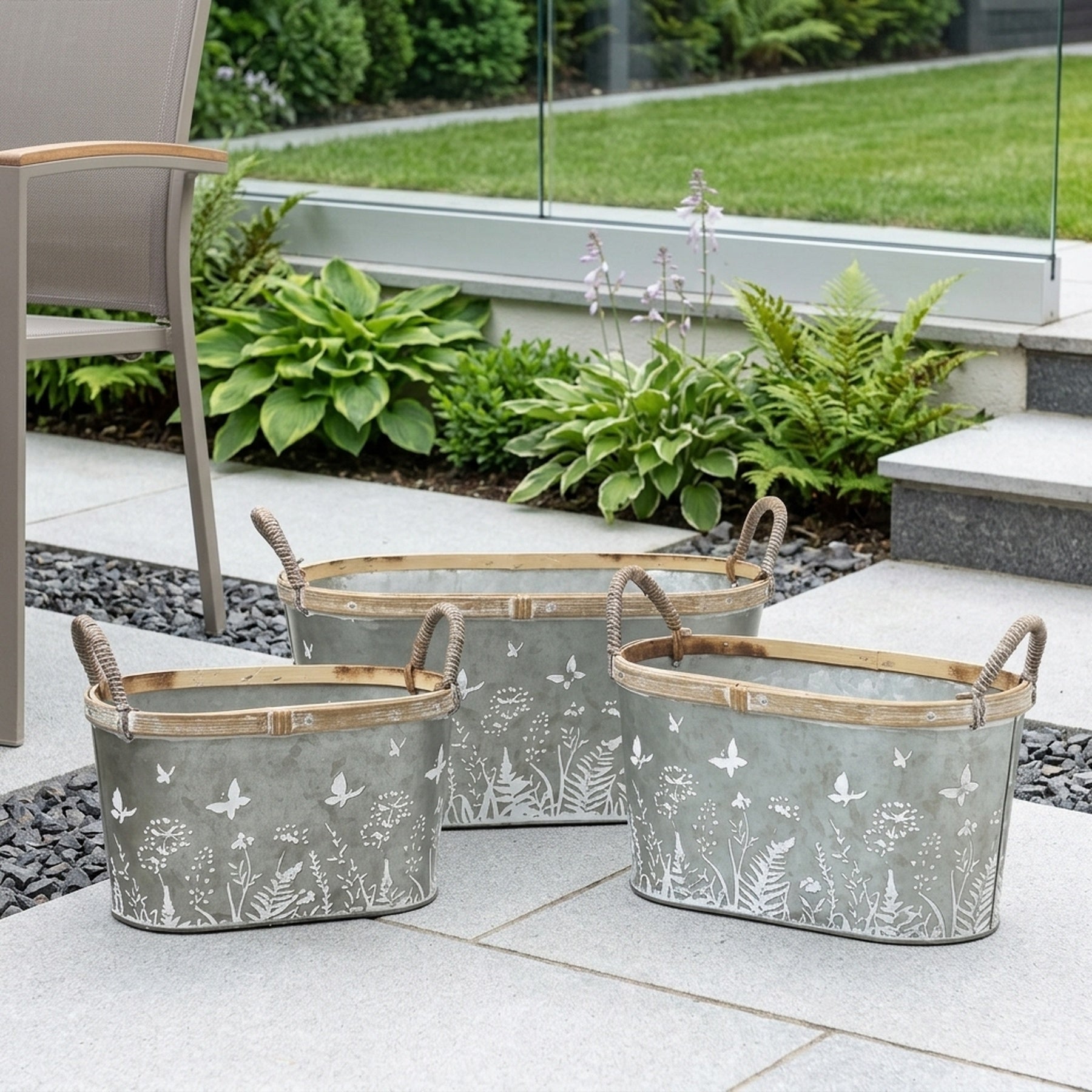 Set of Three Butterfly and Flower Metal Buckets
