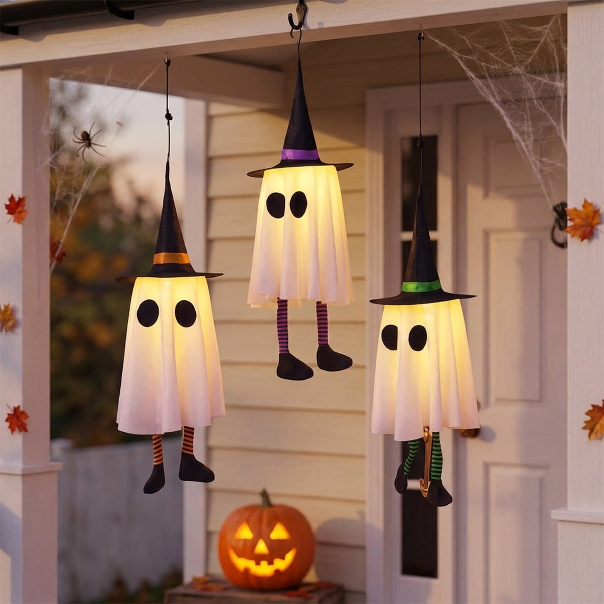 Set of Three Hanging Witch Hat Ghost Lights