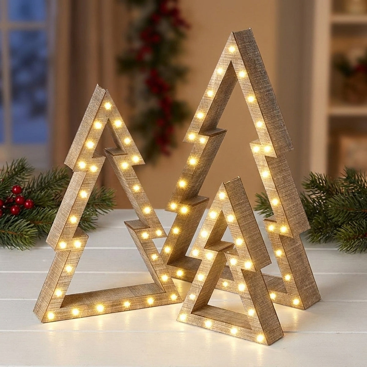 Wooden Led Nested Trees Set Of 3 Statement Light