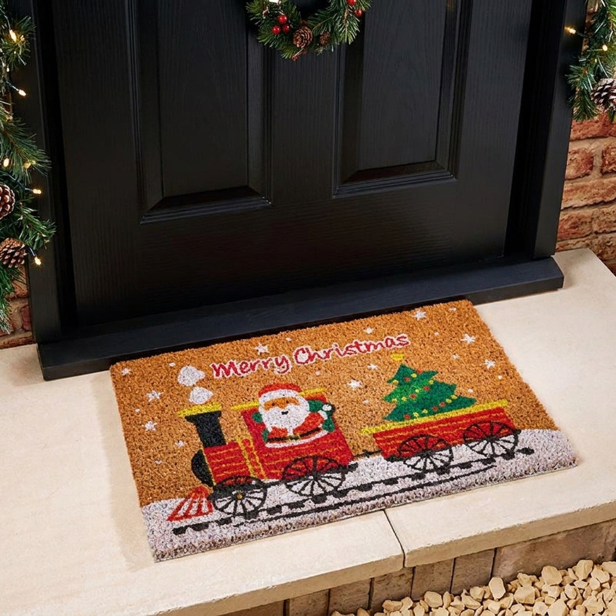 Festive Santa on Train Decorative Mat