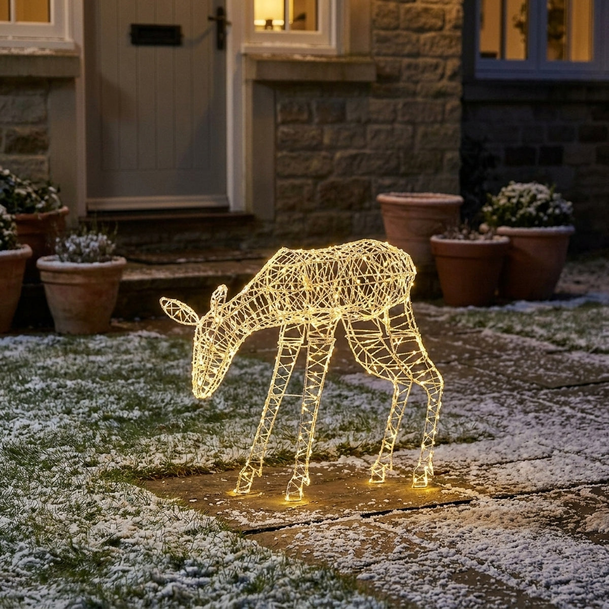 Twinkling Lit White Metal Grazing Reindeer