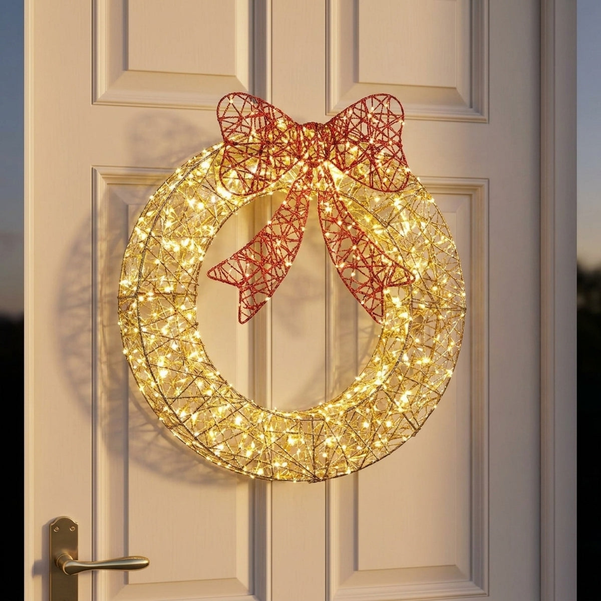 Golden Twisting Lit Wreath with Red Ribbon
