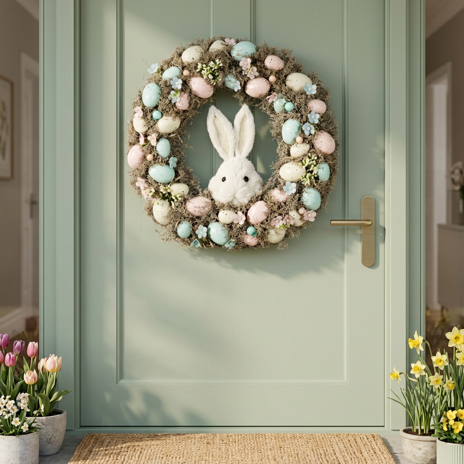 Easter Wreath Pastel Eggs & White Rabbit
