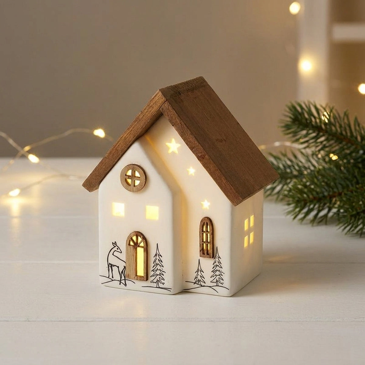 White Ceramic Illuminated House Ornament
