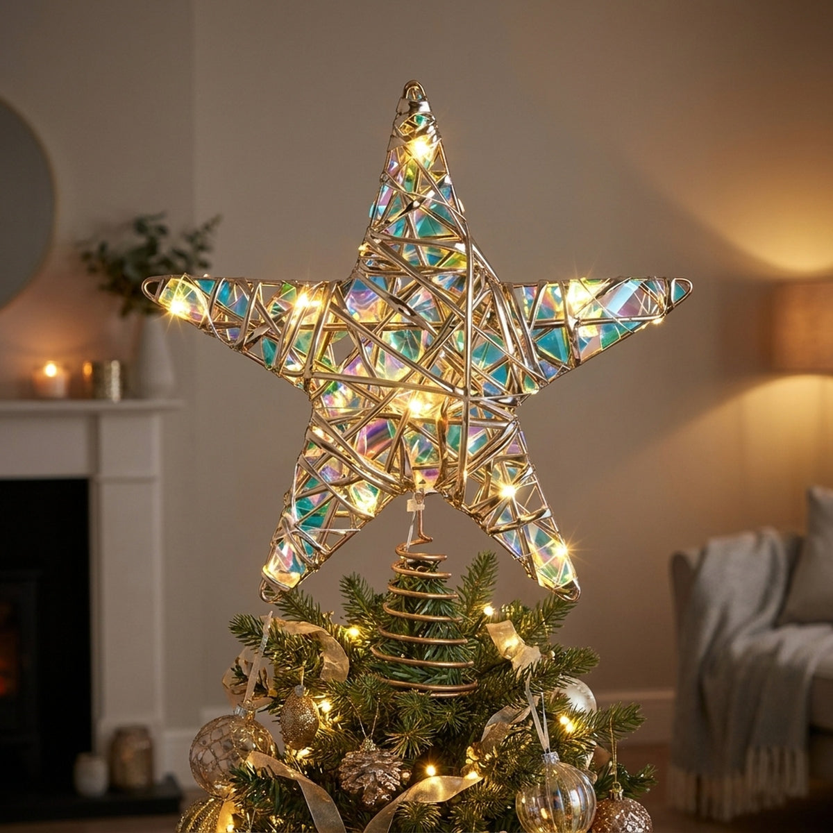 Gold Holographic Star LED Tree Topper