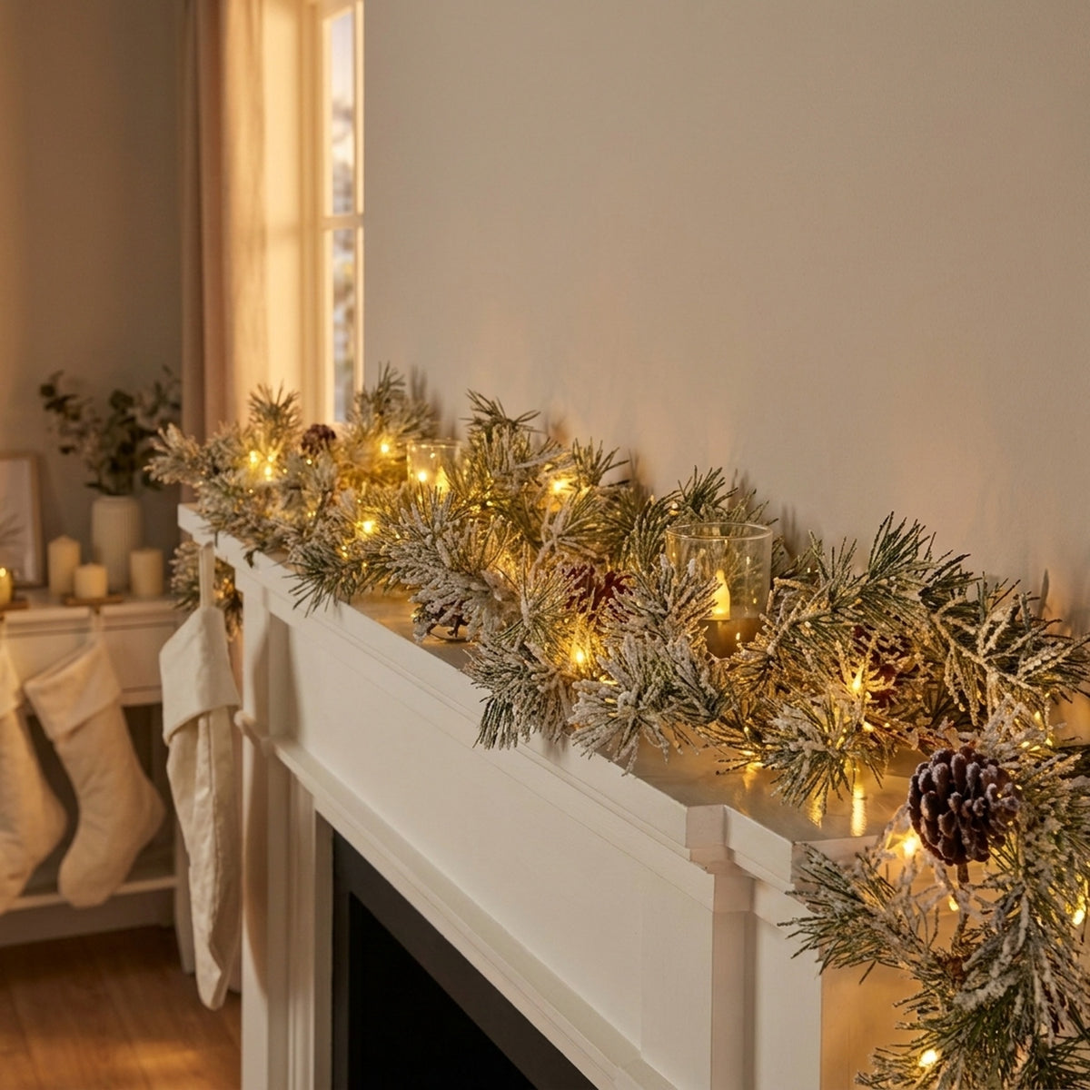 Lit Pine Needle Garland with Cones