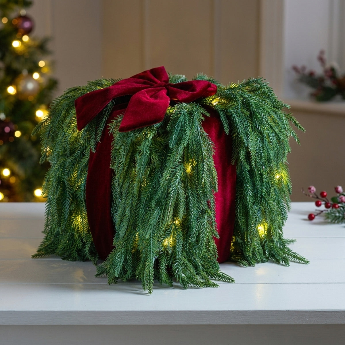 Light-Up Pine Bow Parcel Christmas Decoration