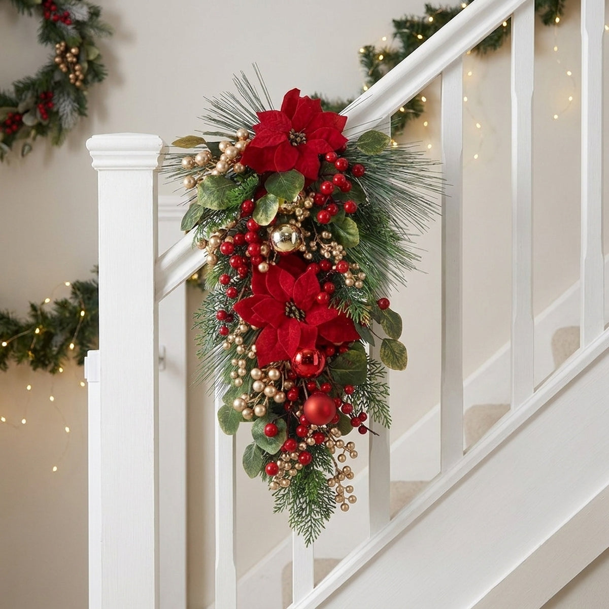 Festive Poinsettia and Bauble Christmas Swag