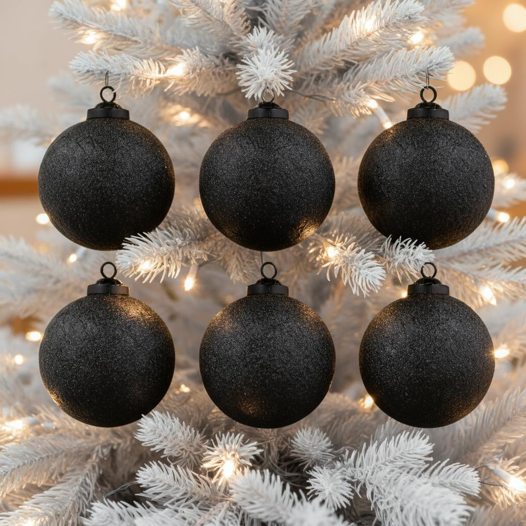 6 Pack Nordic Glitter Black Hanging Baubles
