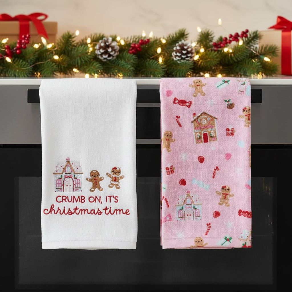 Set Of 2 Christmas Candy Gingerbread Tea Towels