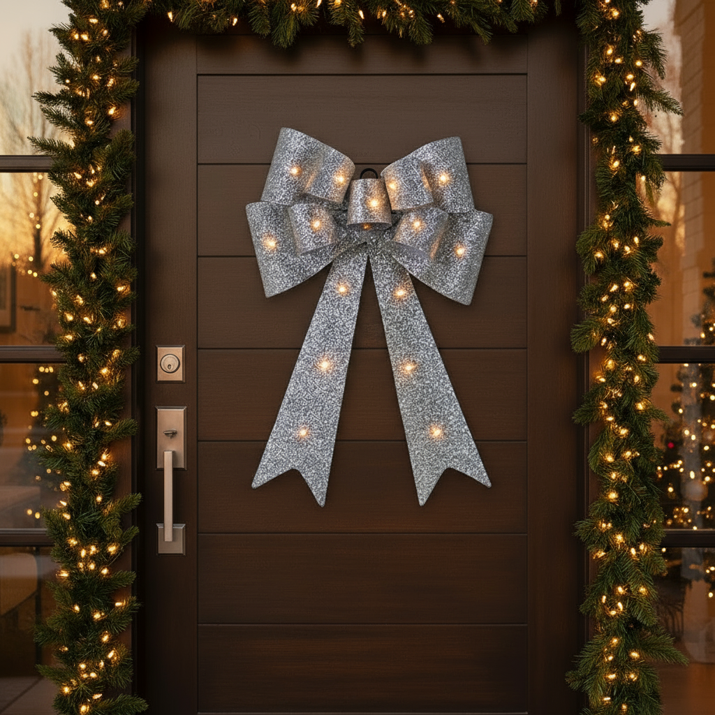 Light Up Silver LED Christmas Door Bow