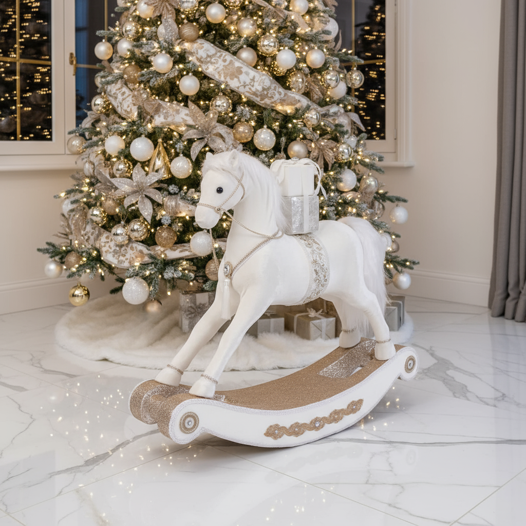 Grand White Velvet Rocking Horse Decoration