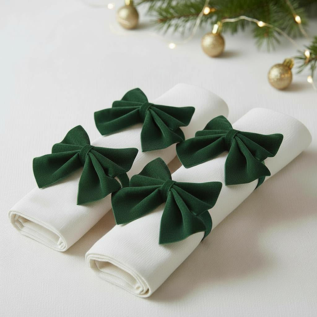 4 Pack Grand Green Velvet Bow Napkin Rings