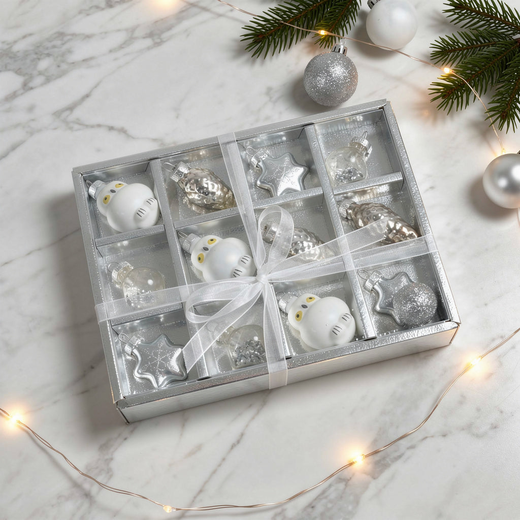 Set Of 12 Mini Silver Christmas Hanging Ornaments