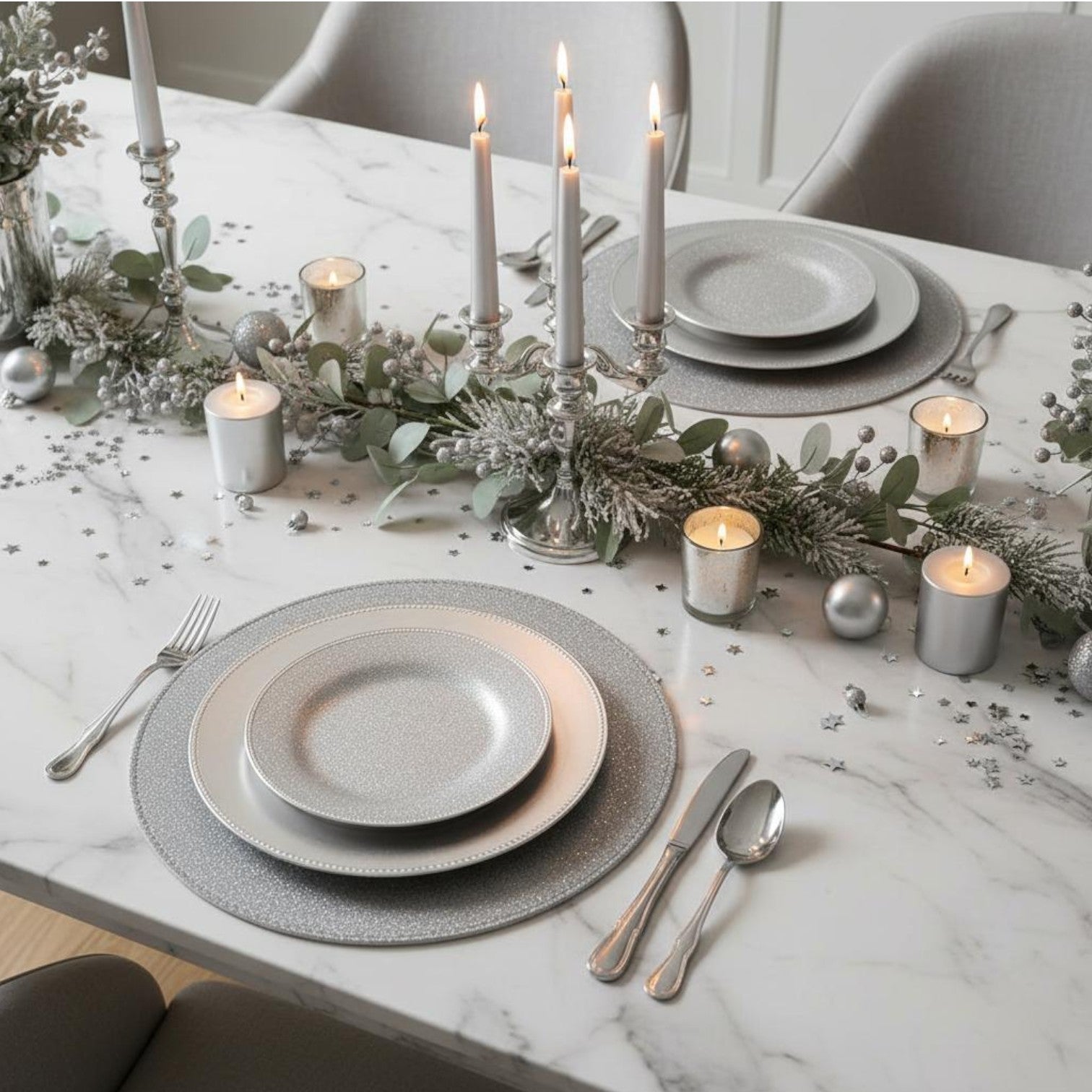 Set Of 2 Silver Glitter Christmas Placemats