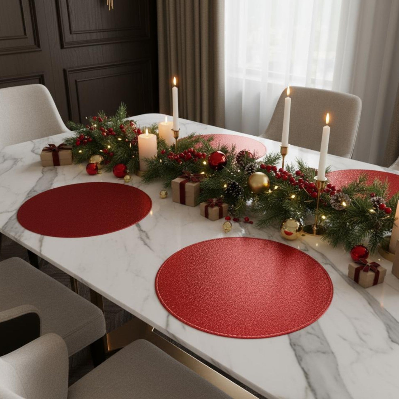 Set Of 2 Red Glitter Christmas Placemats