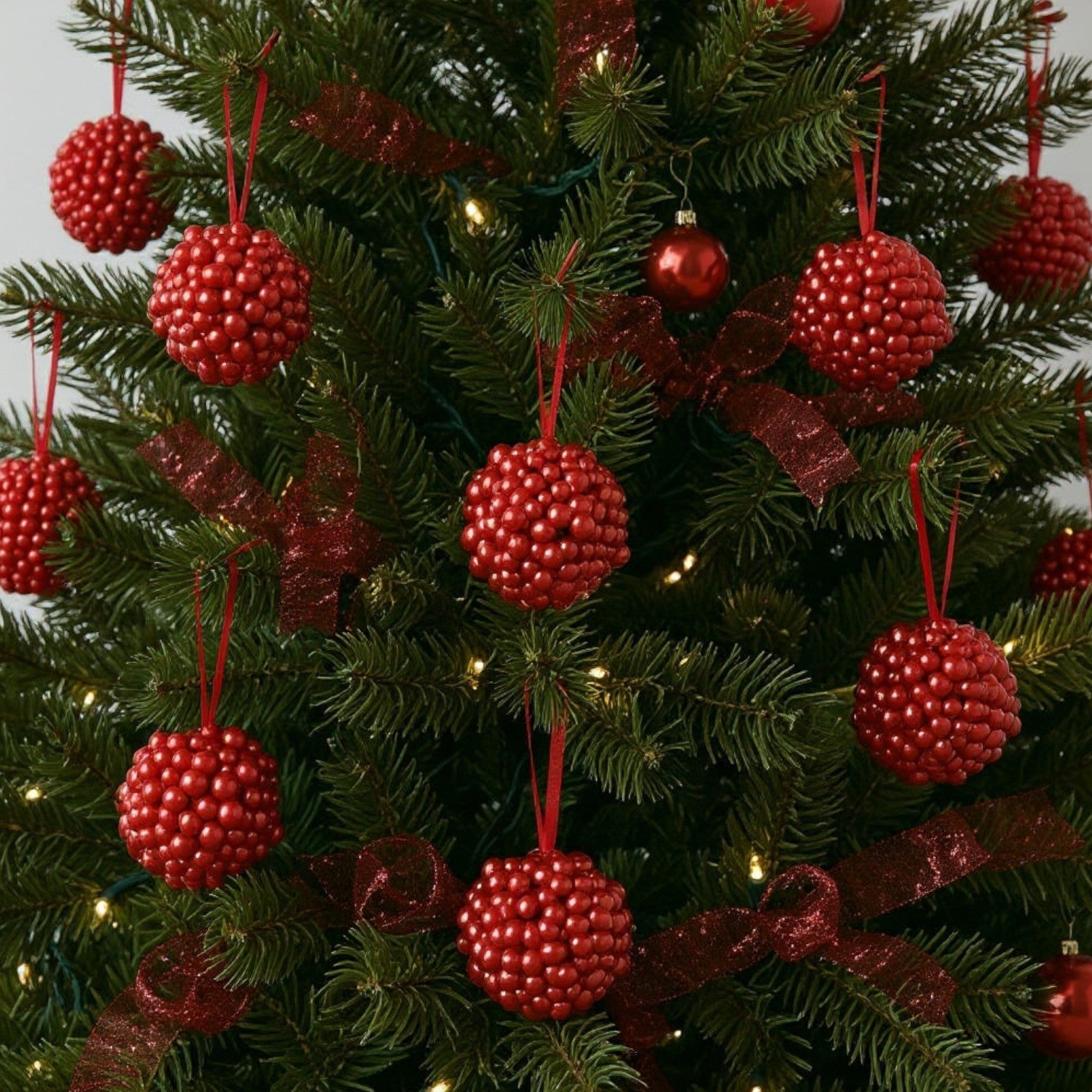 Set Of 4 Red Berry Hanging Baubles