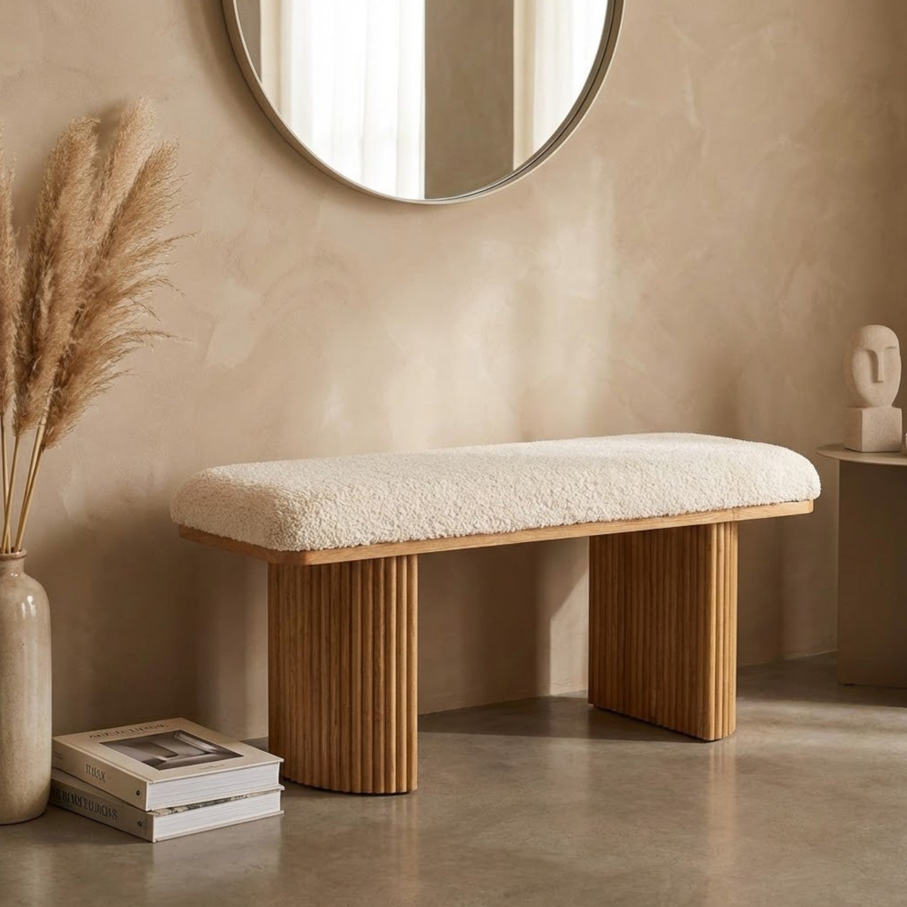 Boucle Teddy Blanc Ribbed Bench