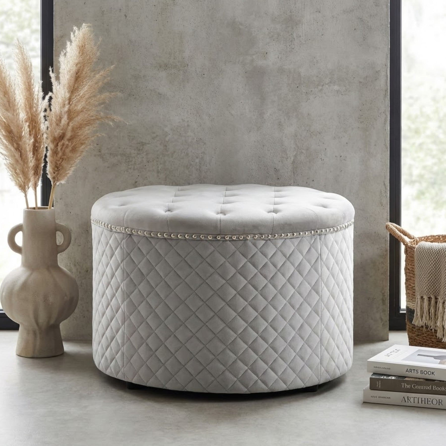 Zamora Round Grey Velvet Ottoman