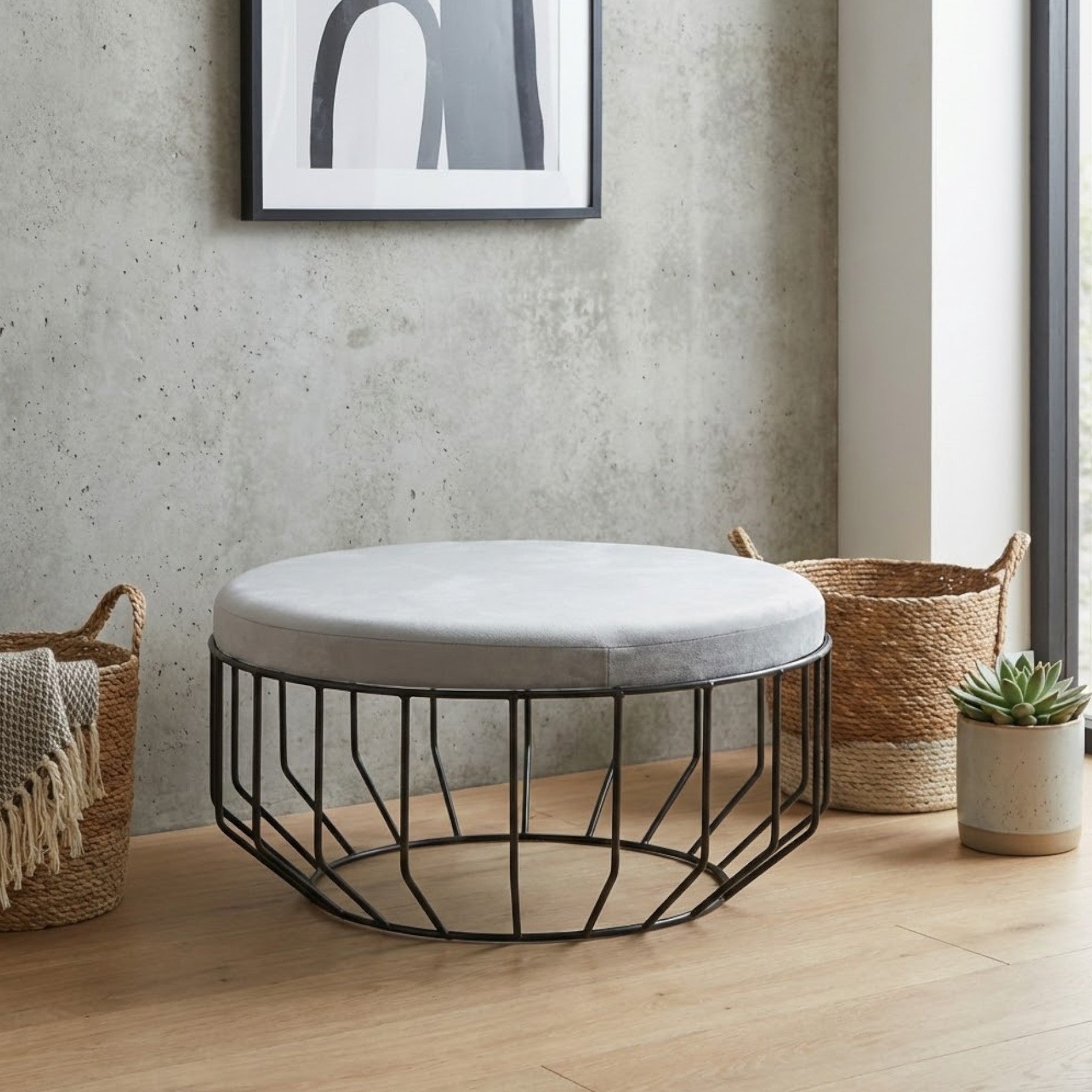 Hayes Round Grey Velvet Footstool