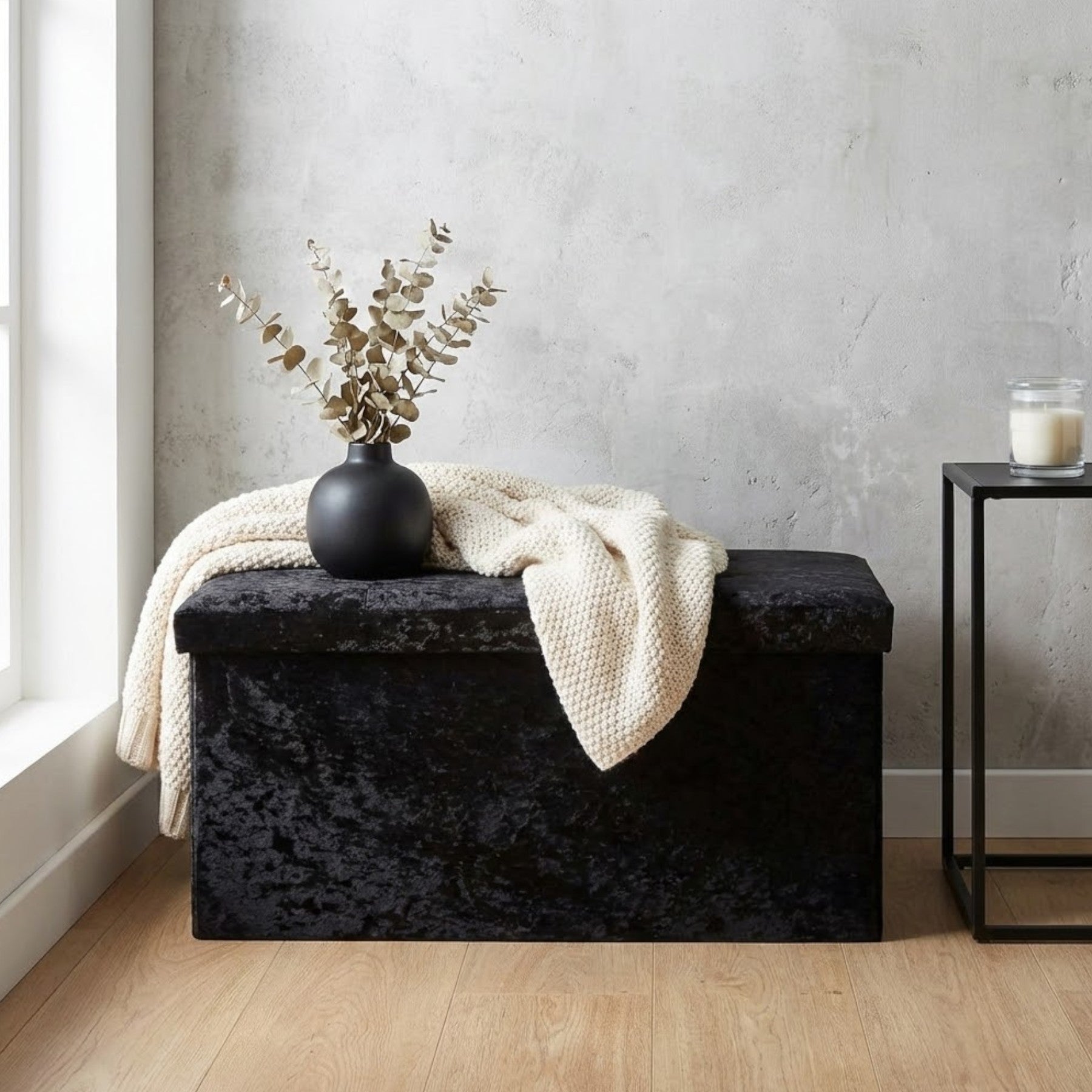 Crushed Velvet Urban Black Ottoman Storage