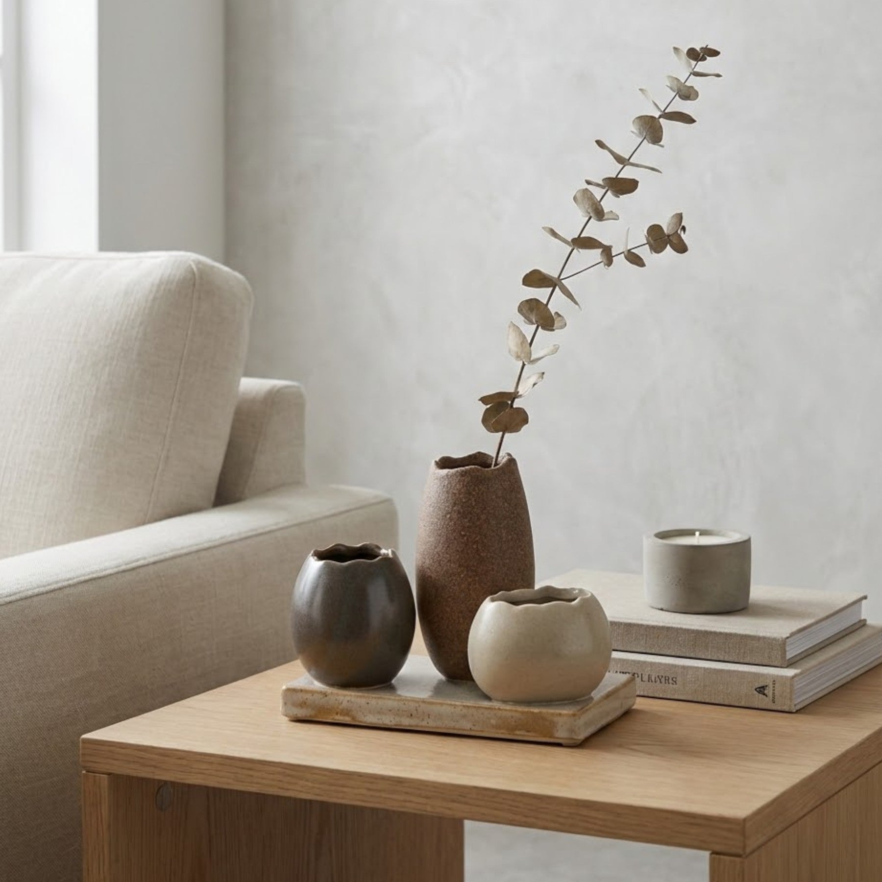 Trio Ceramic Bud Vases on Decorative Tray