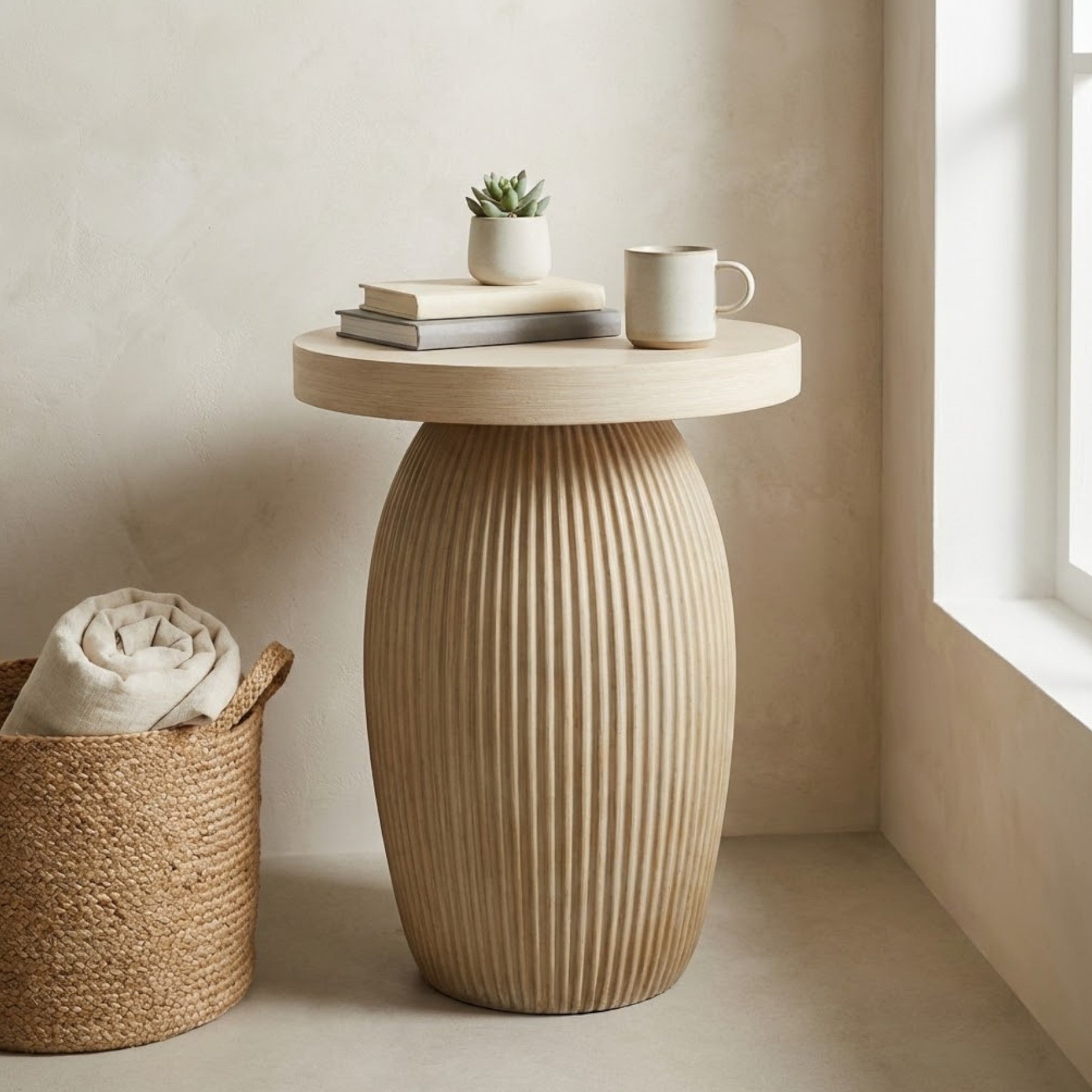 Evie Round Slat Natural Side Table
