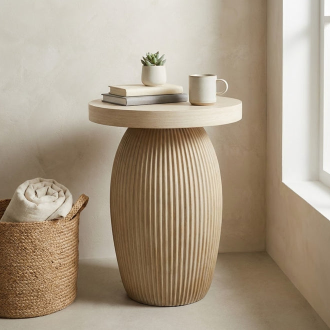 Evie Round Slat Natural Side Table – Garden Greatness