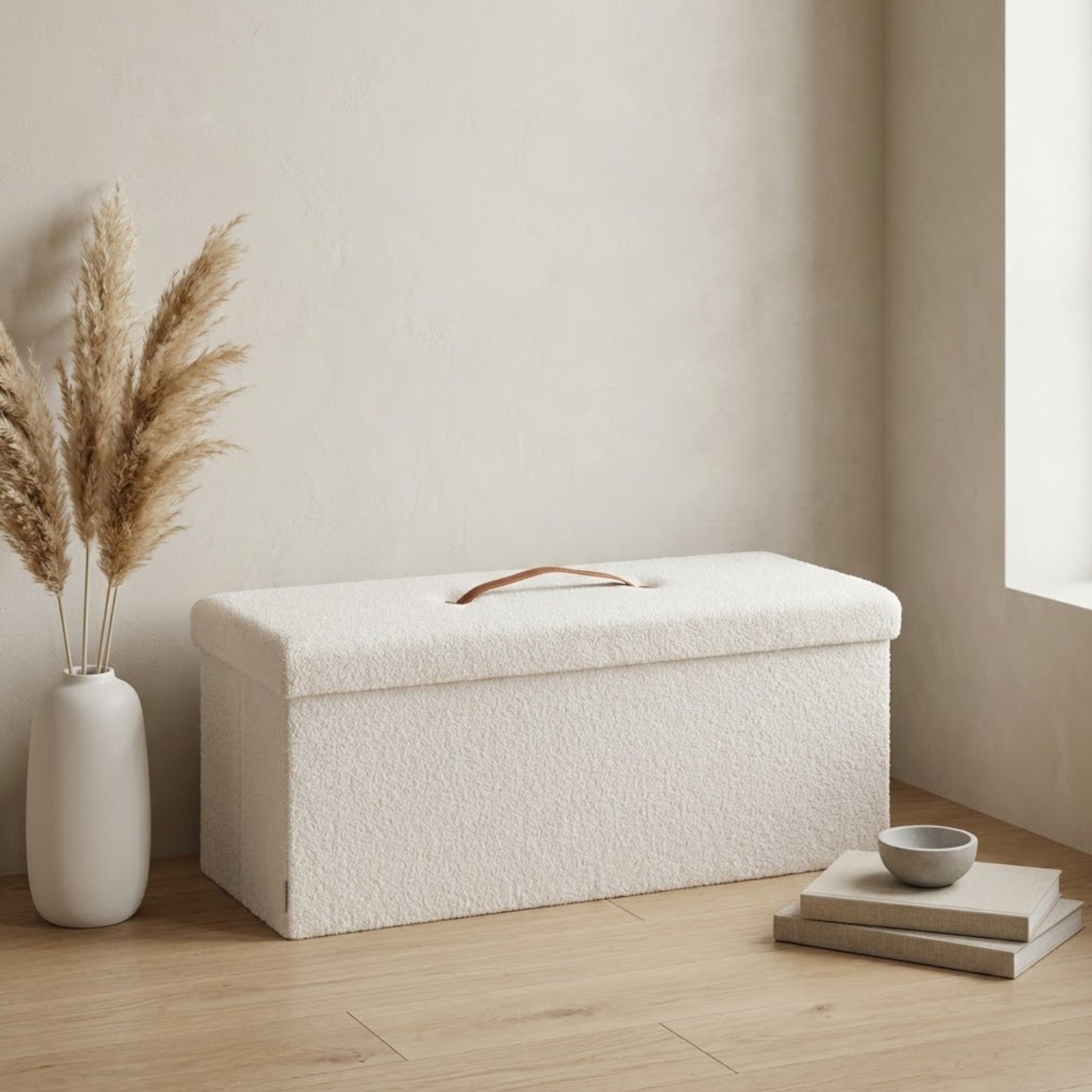 Boucle Blanc Folding Ottoman Storage