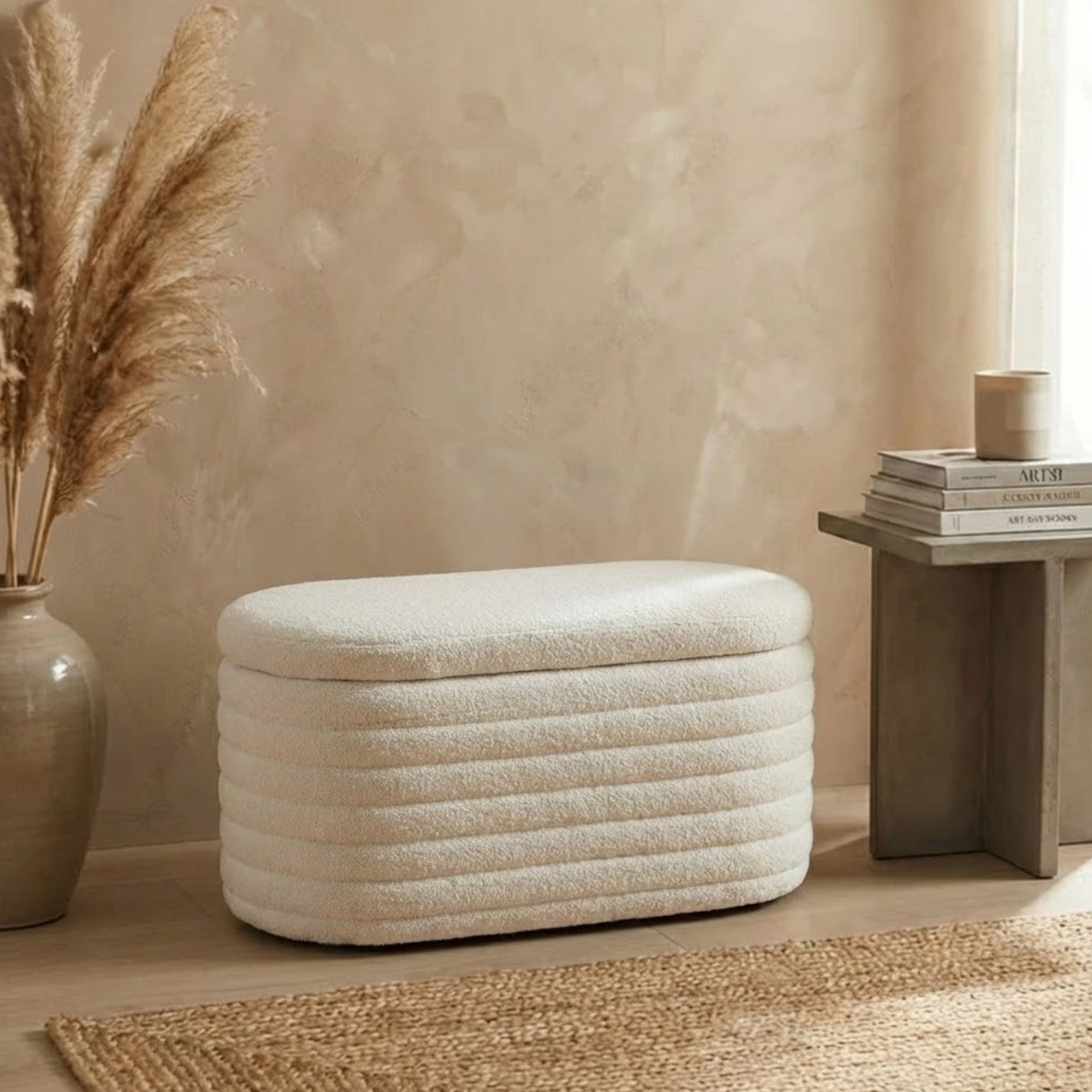 Blanc Boucle Fabric Ottoman Storage