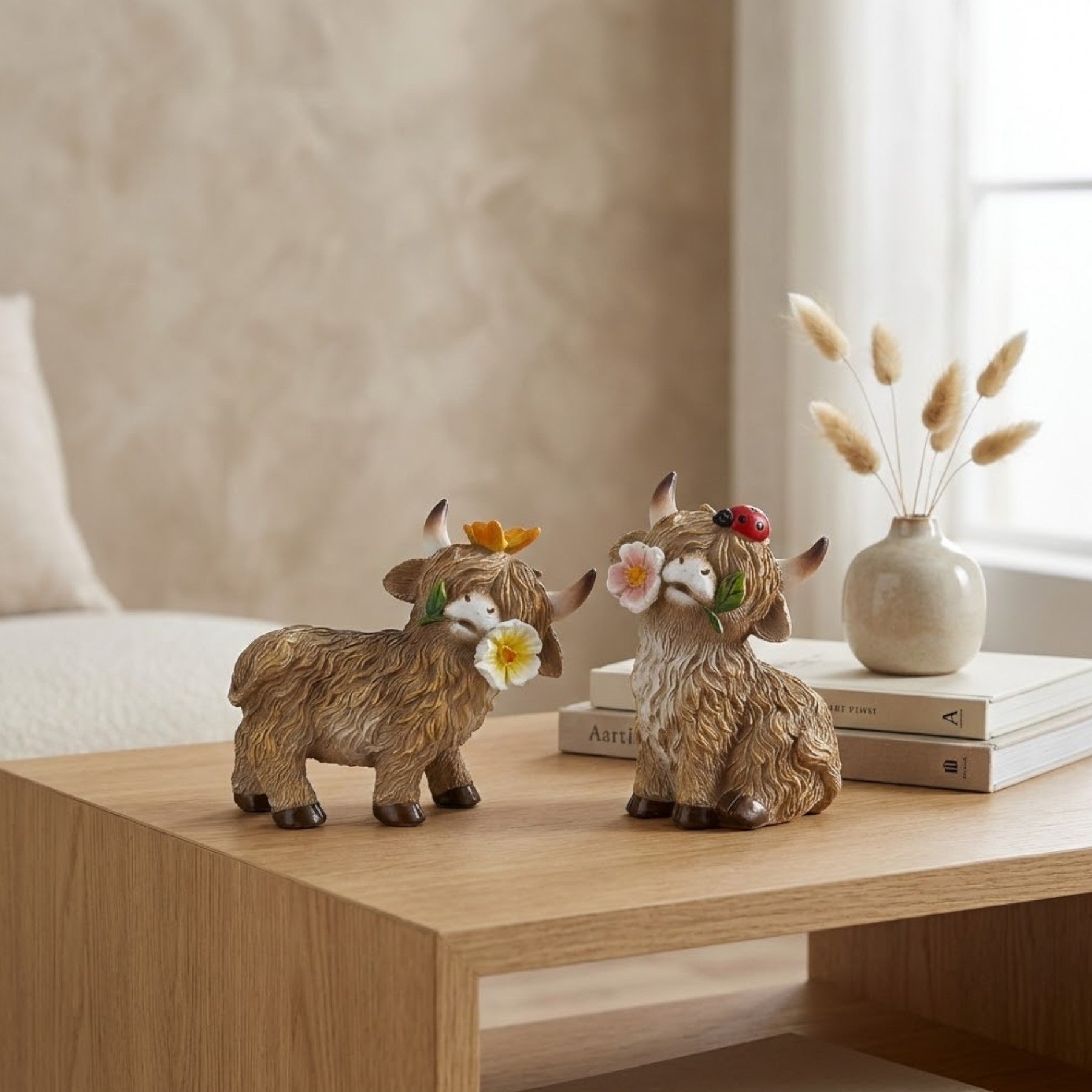Duo Highland Cow Floral Ornament Set