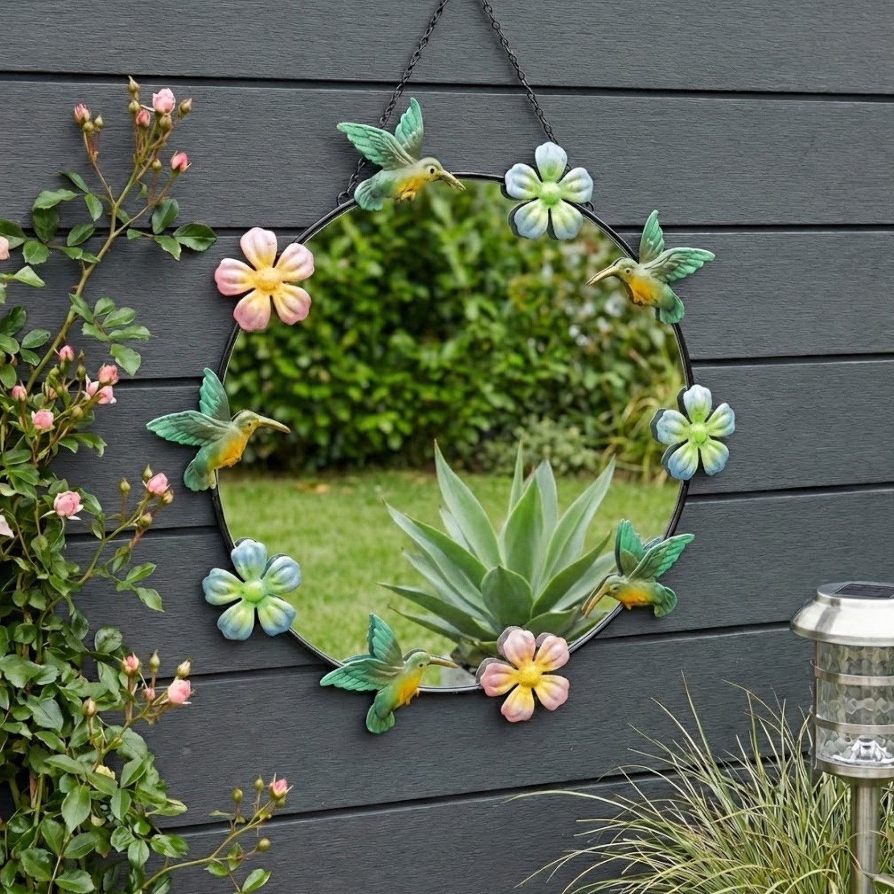 Hanging Floral Hummingbird Garden Mirror
