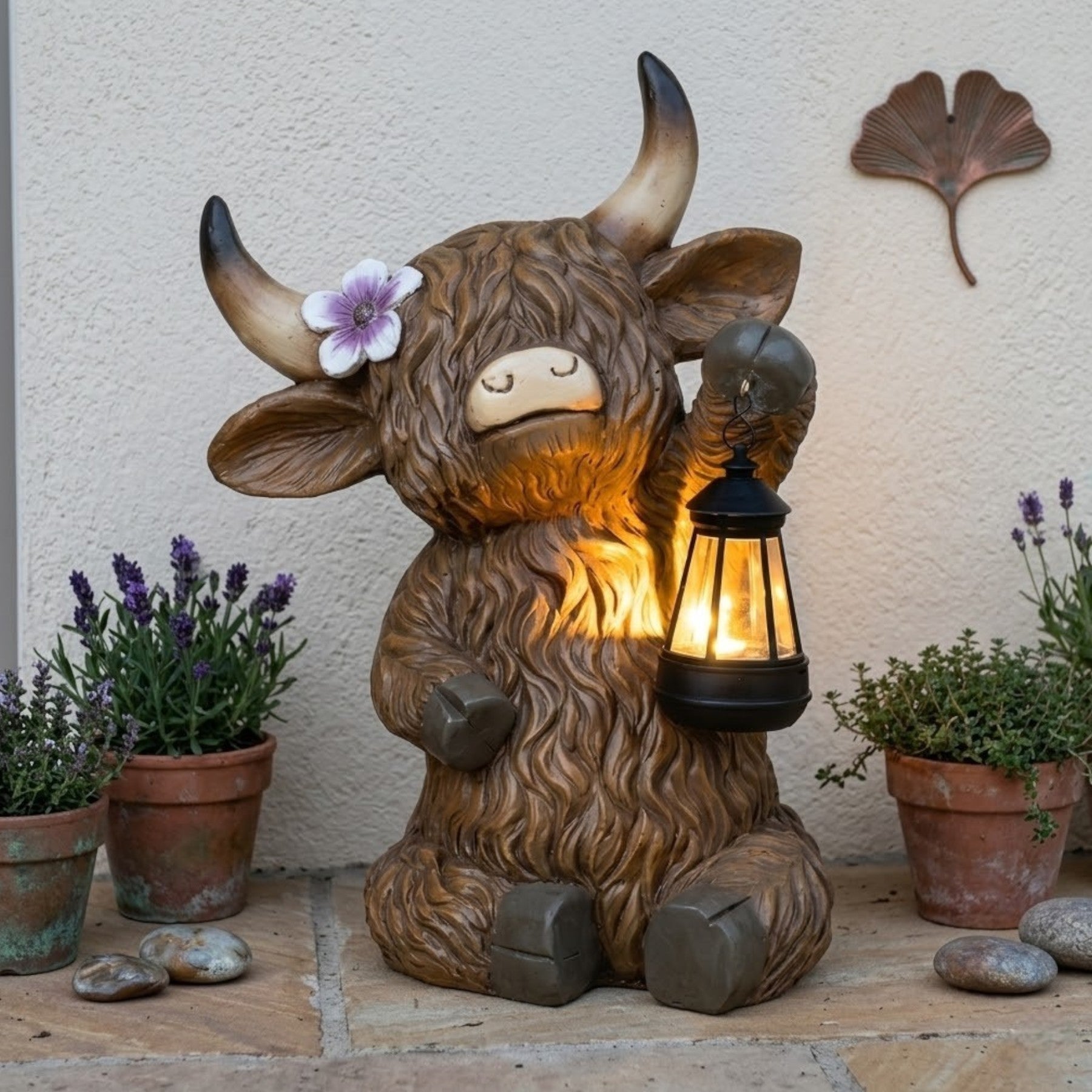 Lunaria Highland Cow LED Lantern Garden Ornament