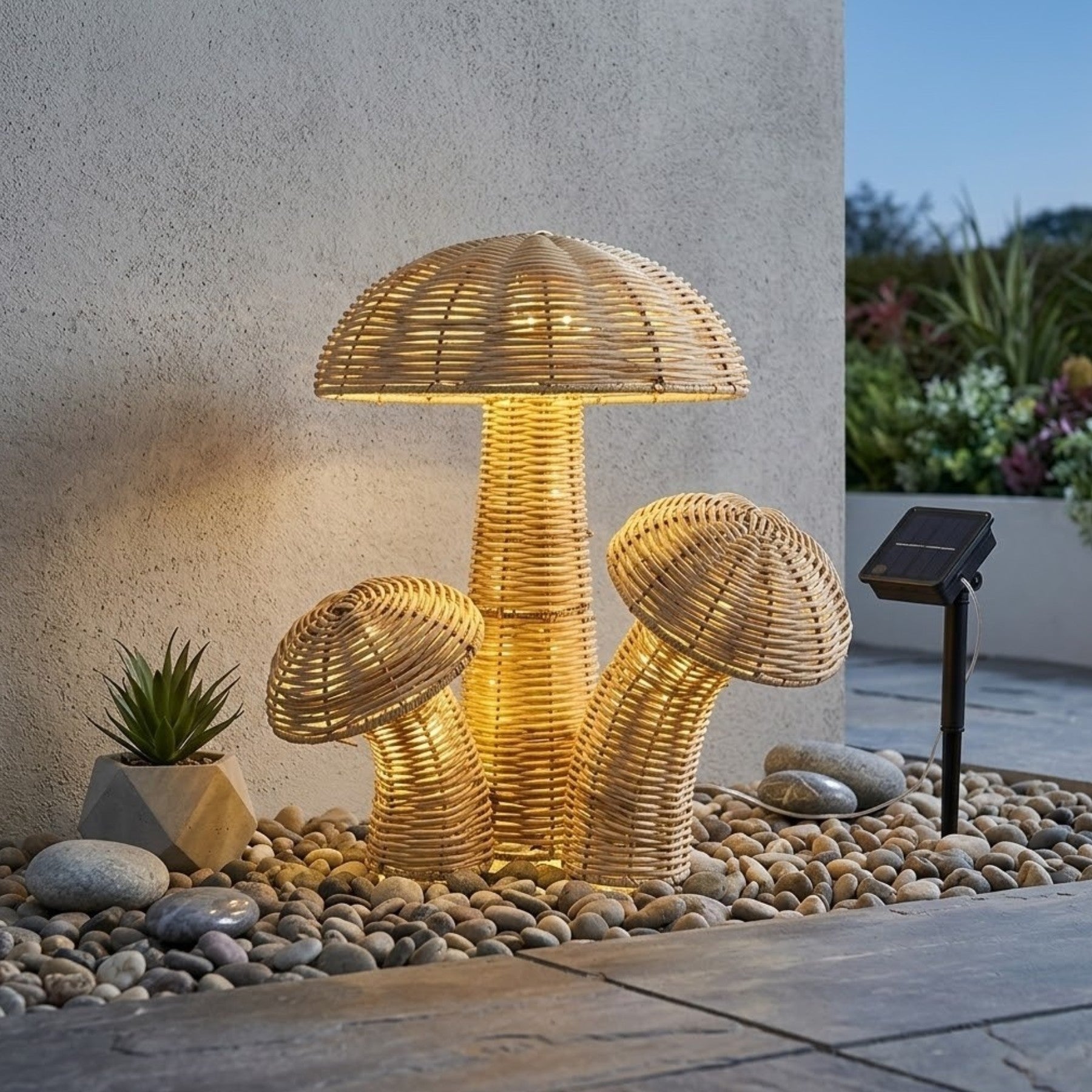 Trio Solar Rattan Look Toadstool Light