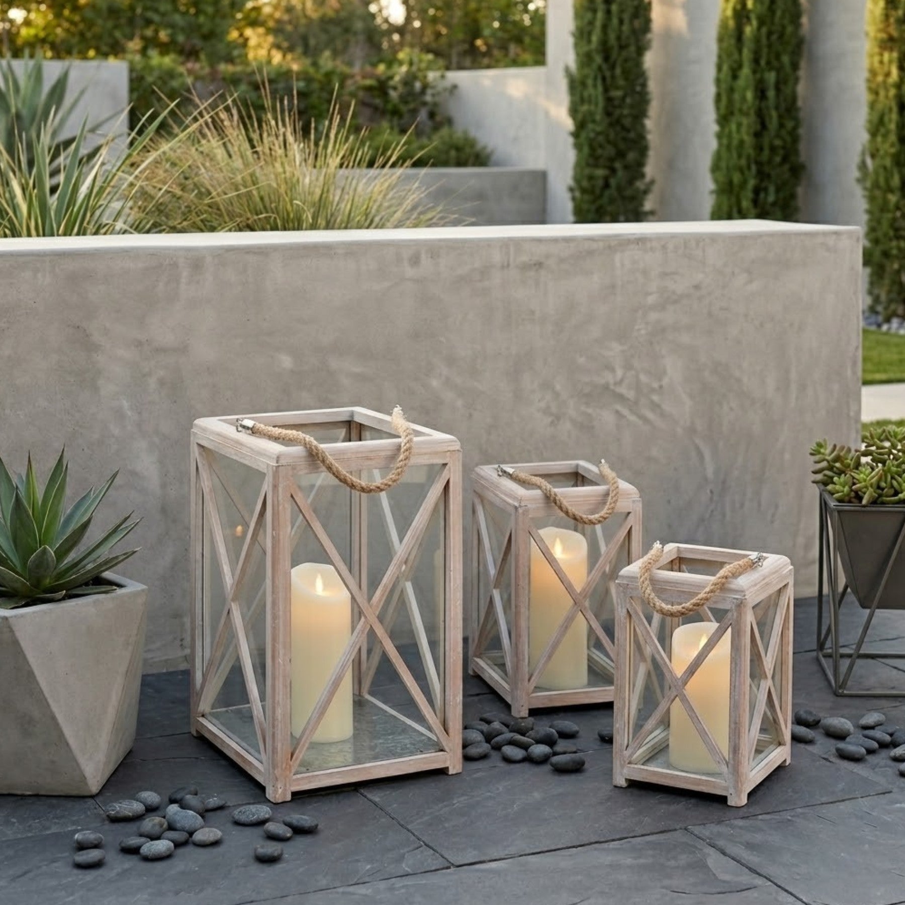 Trio Distressed Wood Garden Lanterns