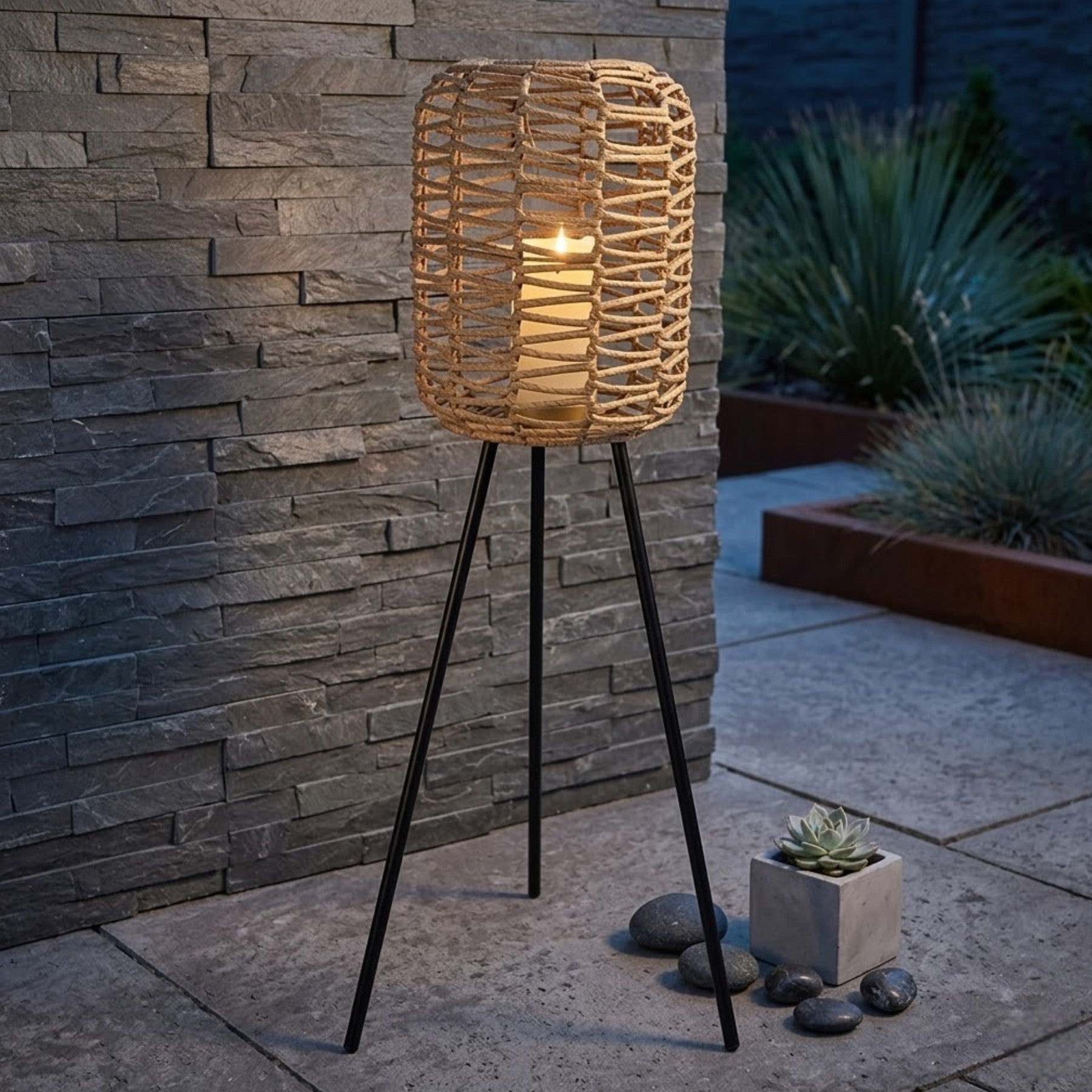 Tall Tripod Rattan Look Garden Lantern