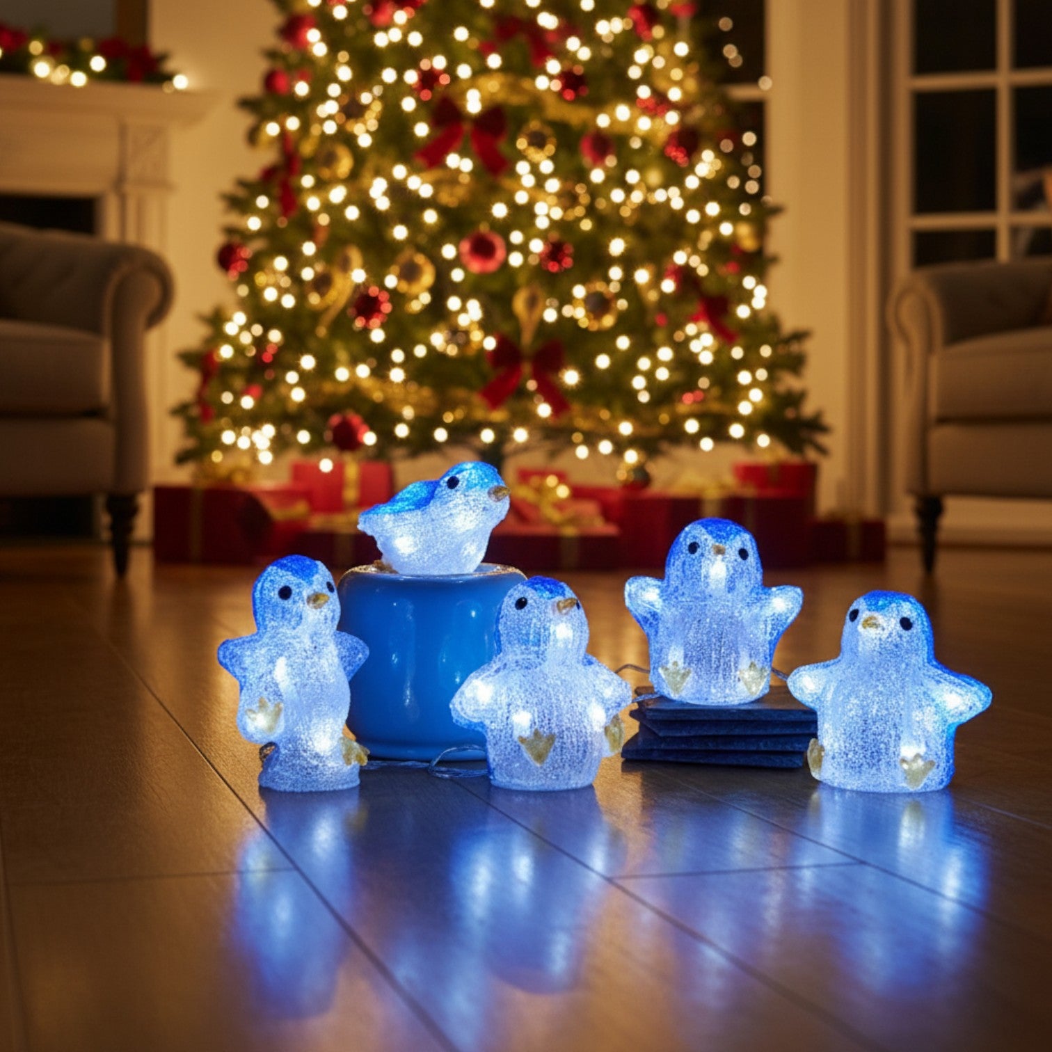 Set Of 5 Inlit Ice Frosted Penguins