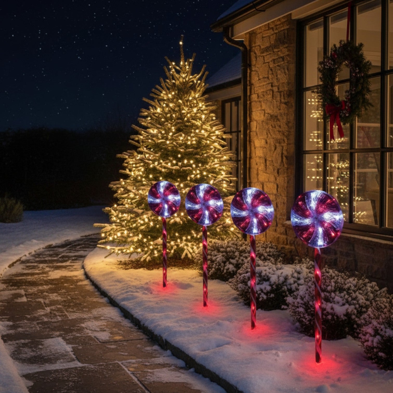 Set Of 4 Candy Cane Swirl Stake Lights