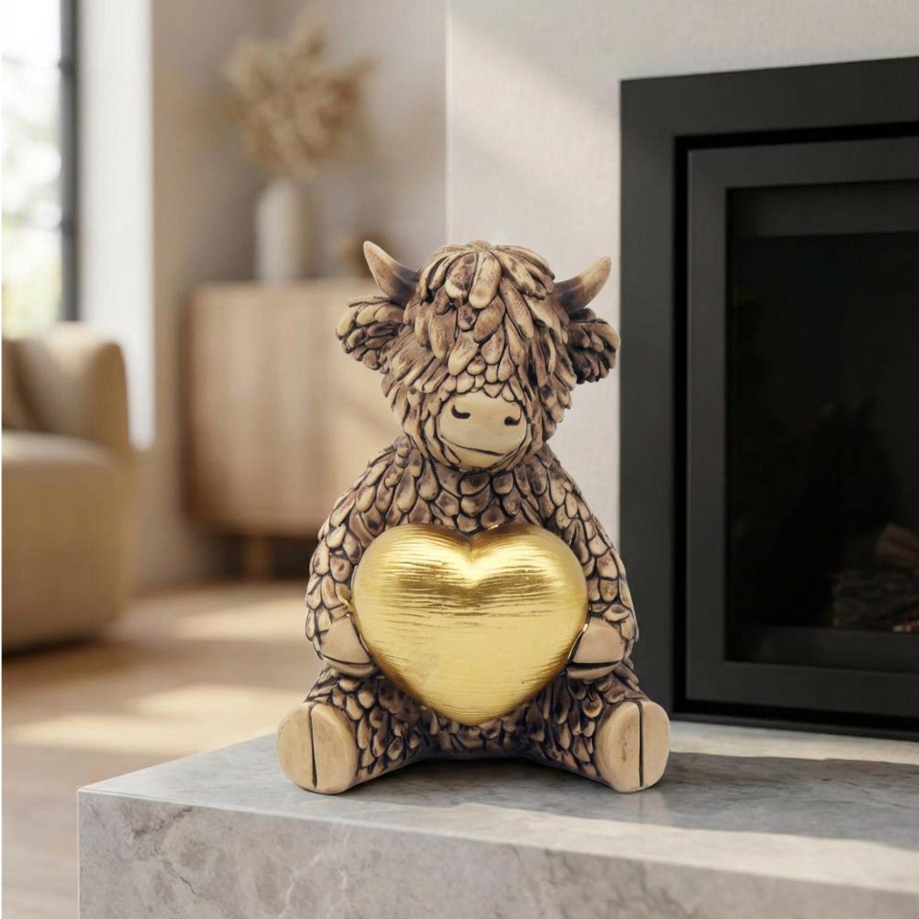 Hughie Highland Cow Gold Heart Ornament