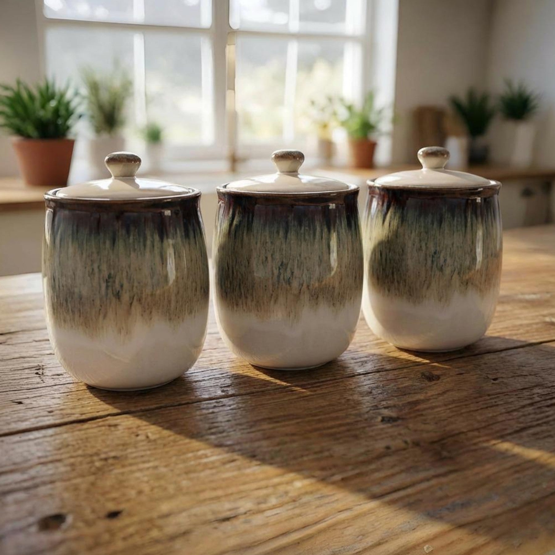 Set Of 3 Reactive Glaze Canisters