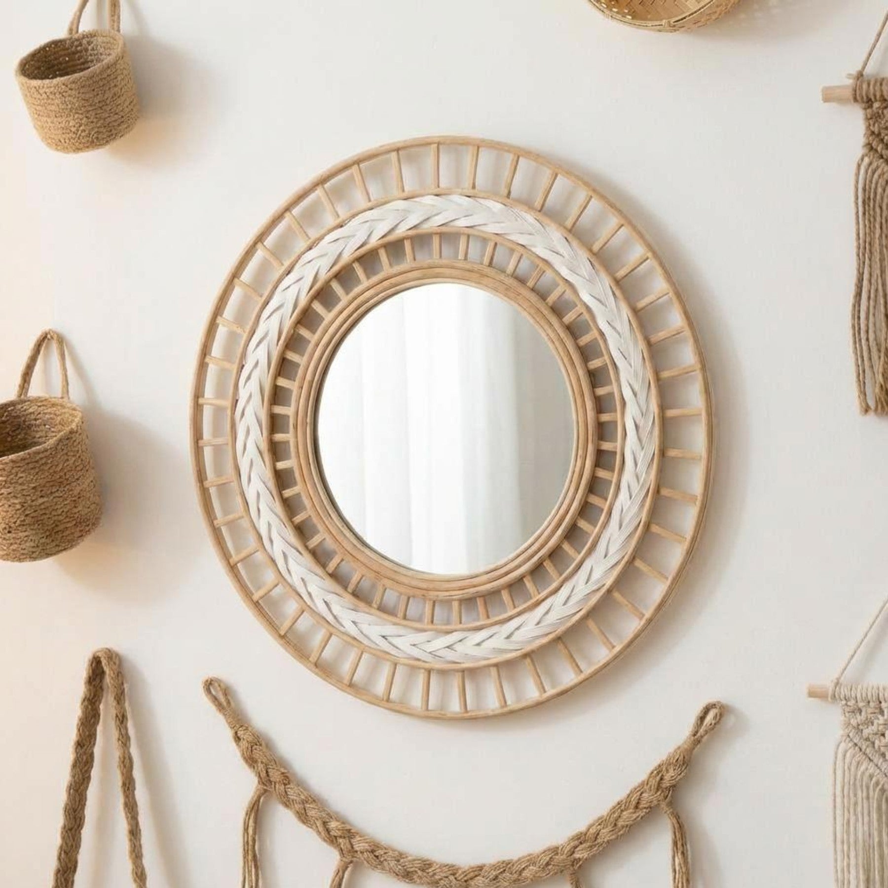 Boho Woven Rattan Statement Mirror