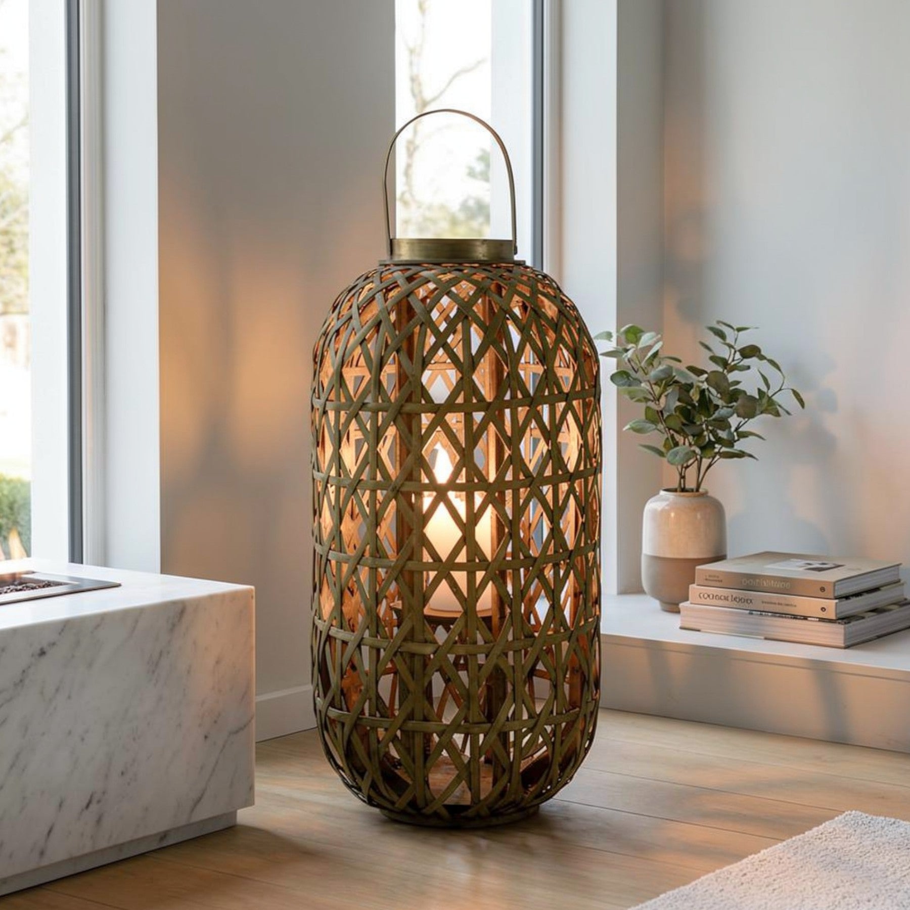 Large Natural Oval Bamboo LED Lantern